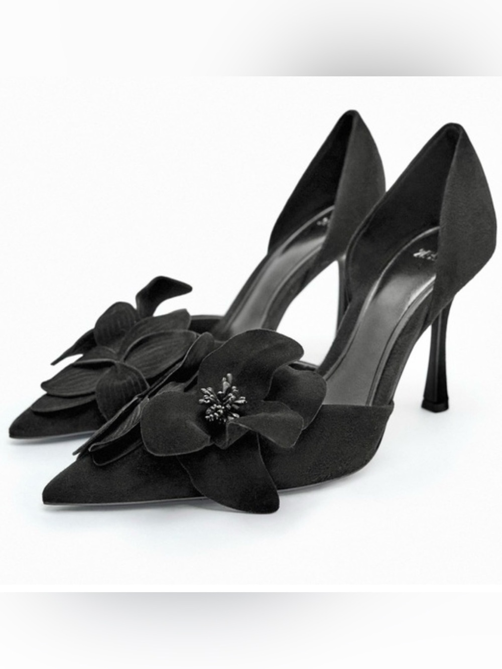 NEW ZARA High Heeled Black Suede Stiletto Flower Shoes Size EU41 US10